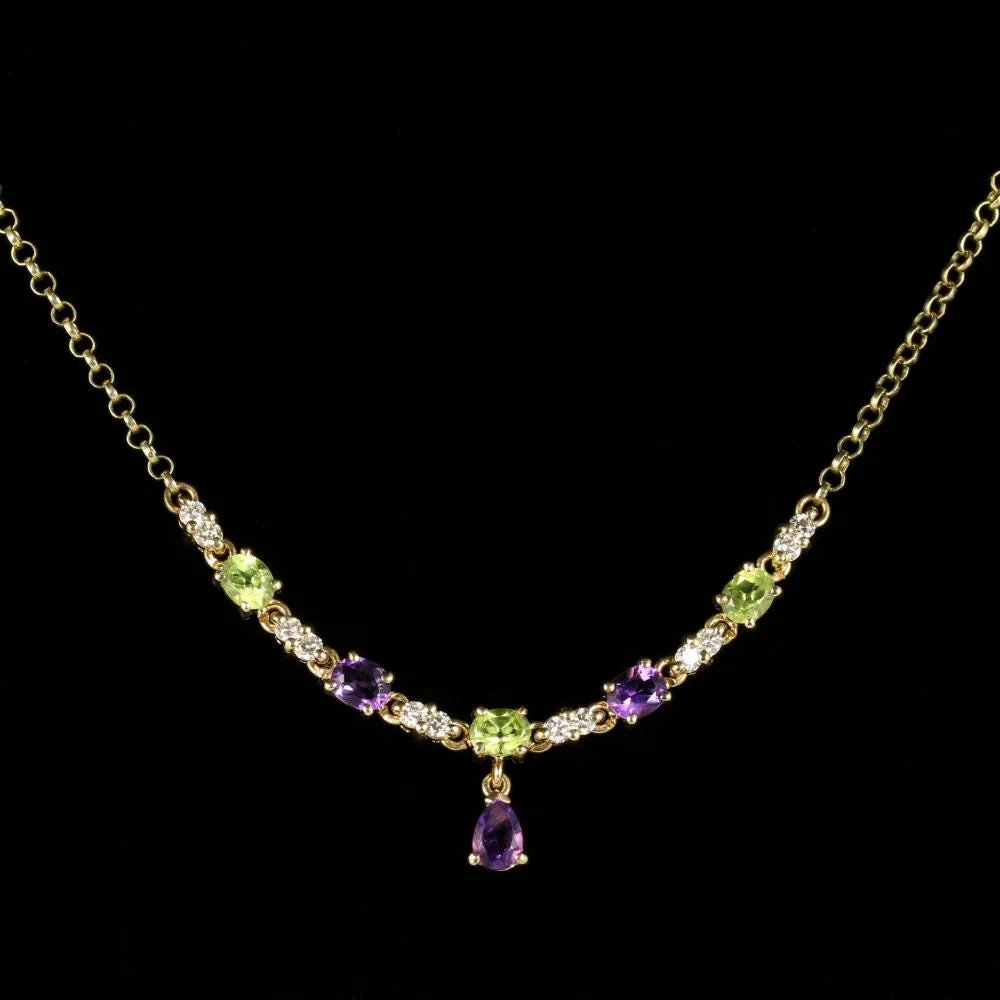 Edwardian Suffragette Style Lavaliere Necklace 9ct Gold Peridot Amethyst Diamond