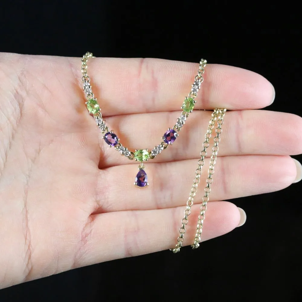 Edwardian Suffragette Style Lavaliere Necklace 9ct Gold Peridot Amethyst Diamond