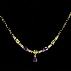 Edwardian Suffragette Style Lavaliere Necklace 9ct Gold Peridot Amethyst Diamond