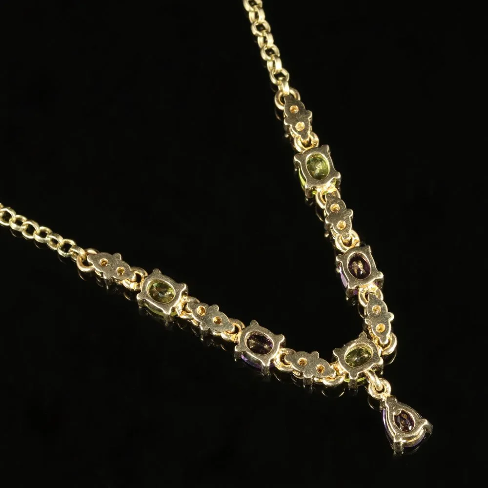 Edwardian Suffragette Style Lavaliere Necklace 9ct Gold Peridot Amethyst Diamond