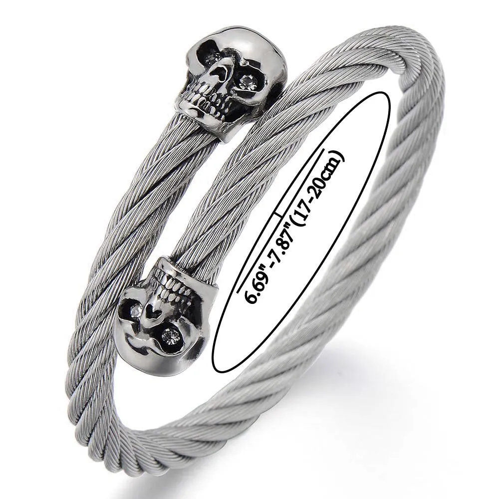 Elastic Adjustable Mens Skull Bangle Bracelet Steel Cuff Bracelet