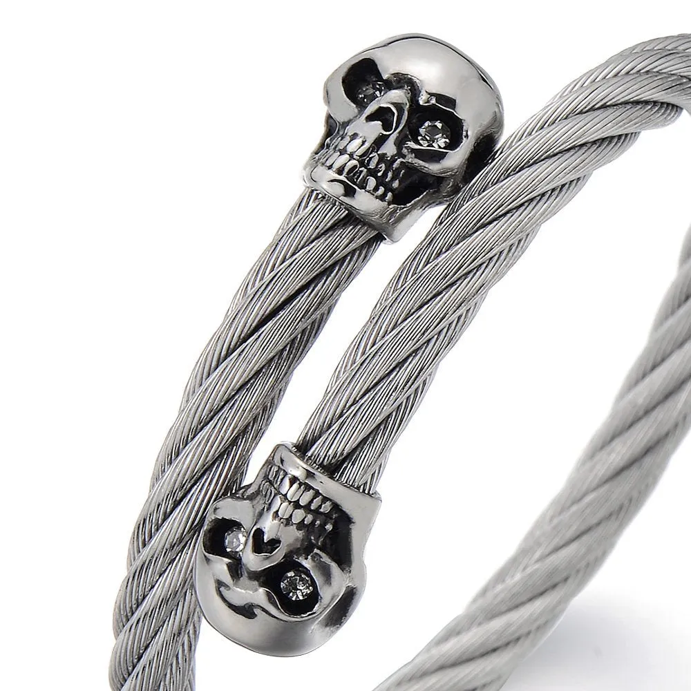 Elastic Adjustable Mens Skull Bangle Bracelet Steel Cuff Bracelet