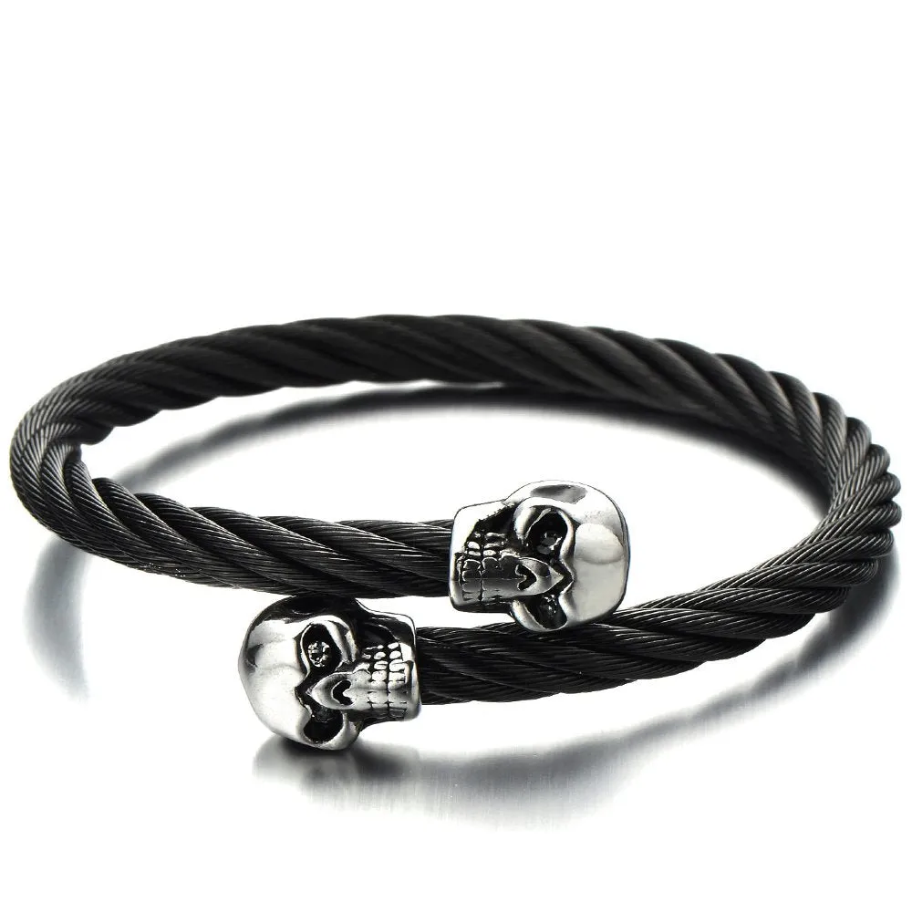 Elastic Adjustable Mens Skull Bangle Bracelet Steel Cuff Bracelet