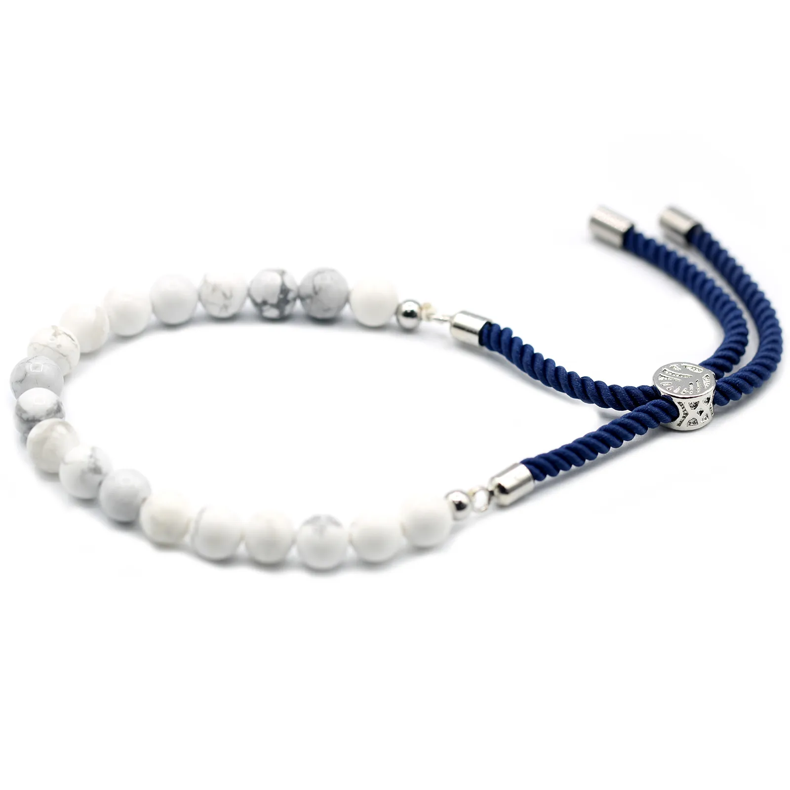 Elegant 925 Silver Plated Navy String Bracelet with White Howlite Gemstone - Adjustable & Chic