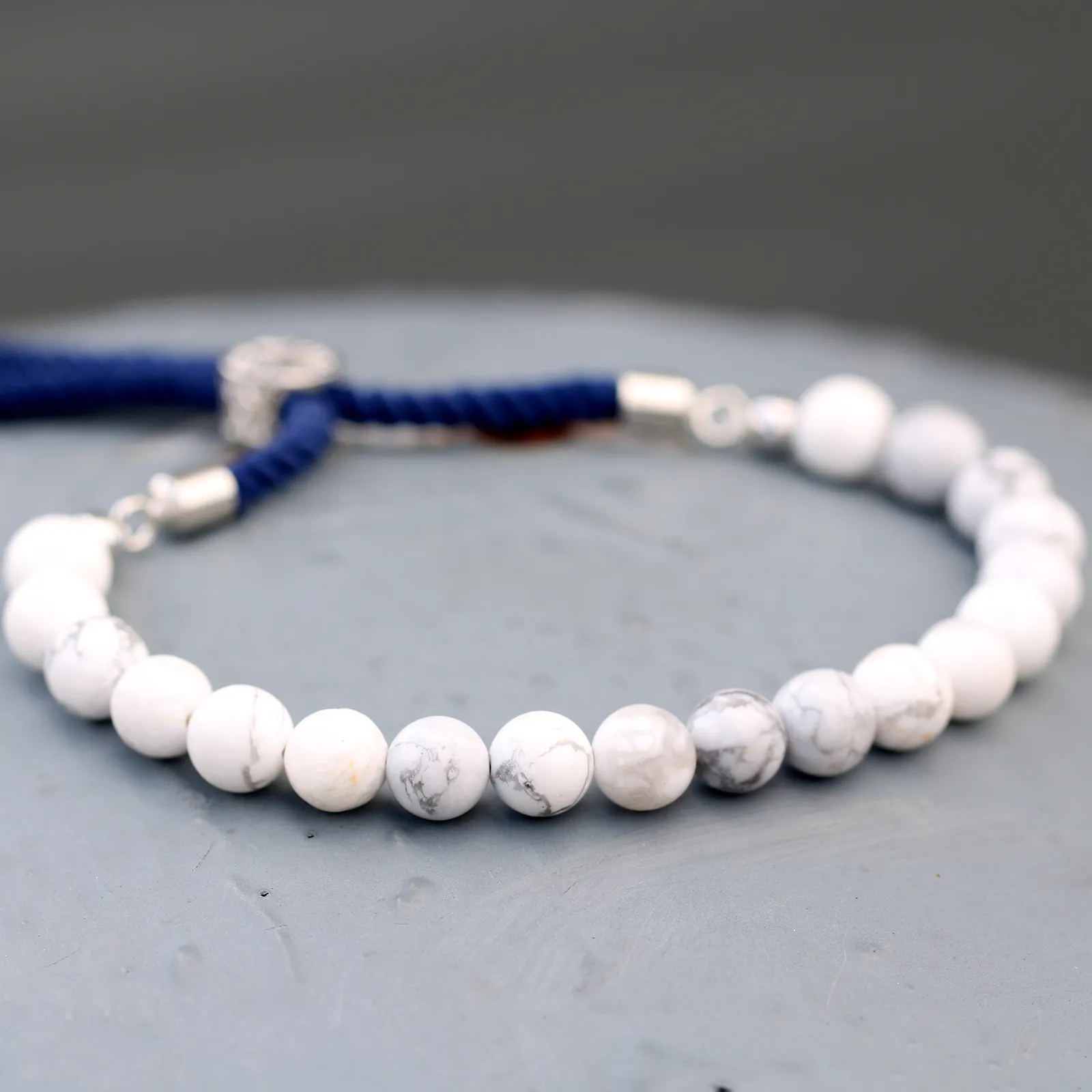 Elegant 925 Silver Plated Navy String Bracelet with White Howlite Gemstone - Adjustable & Chic