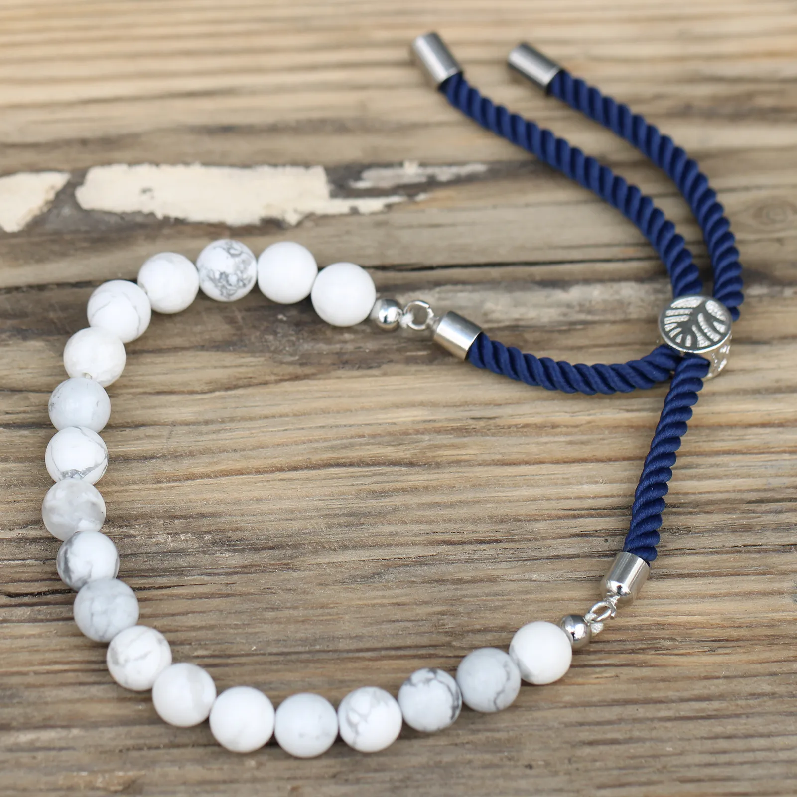 Elegant 925 Silver Plated Navy String Bracelet with White Howlite Gemstone - Adjustable & Chic