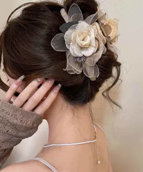 Elegant Champagne Metal Tulle Rose Hairpin RA032