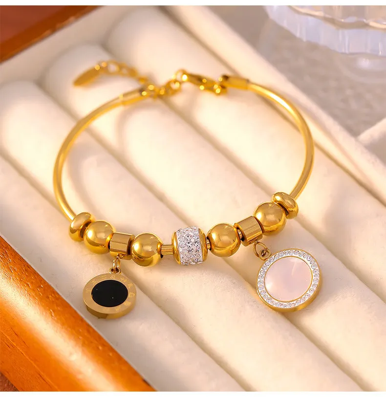 Elegant Titanium Steel Gold-Plated Bracelet with White Shell Geometric Zircon Ring