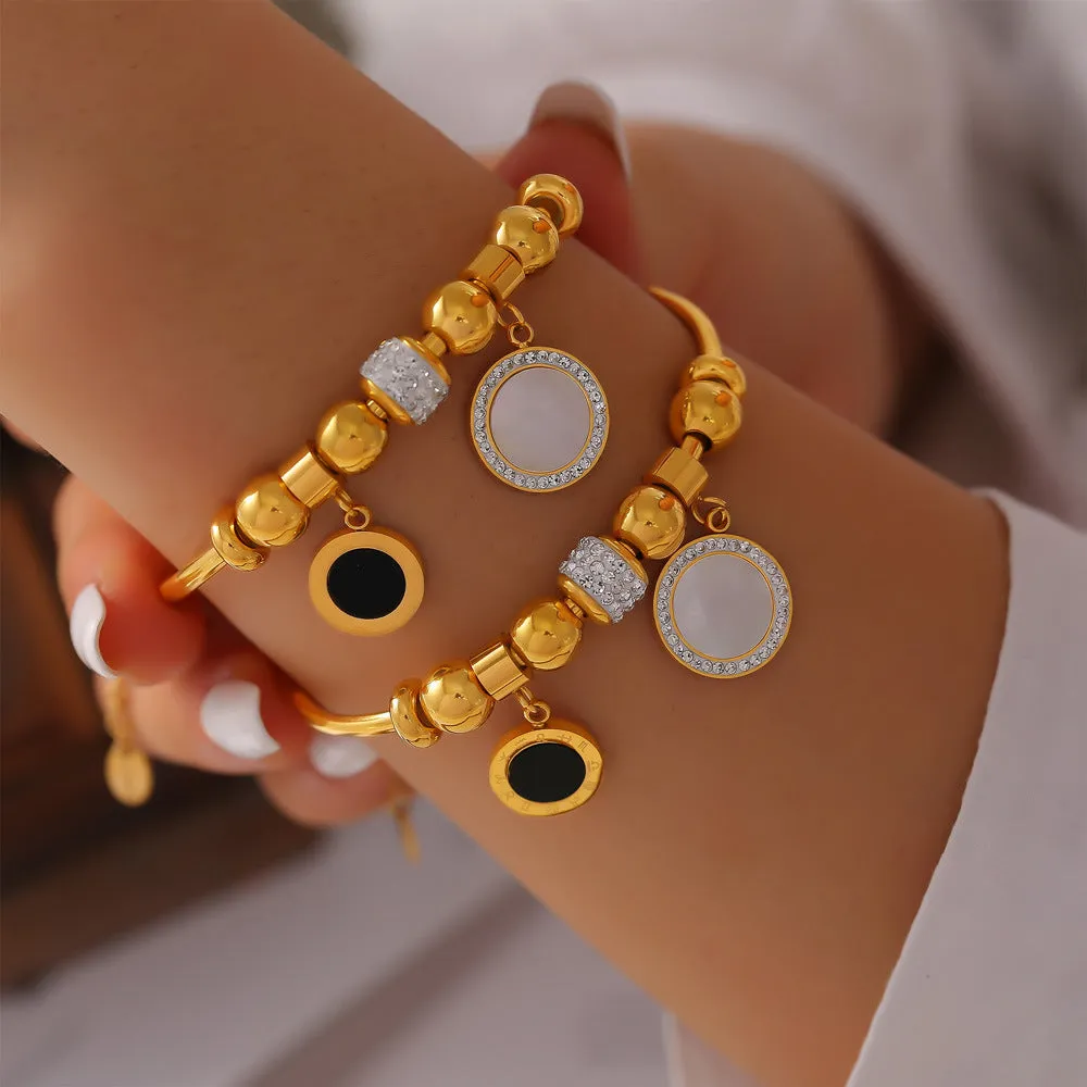 Elegant Titanium Steel Gold-Plated Bracelet with White Shell Geometric Zircon Ring