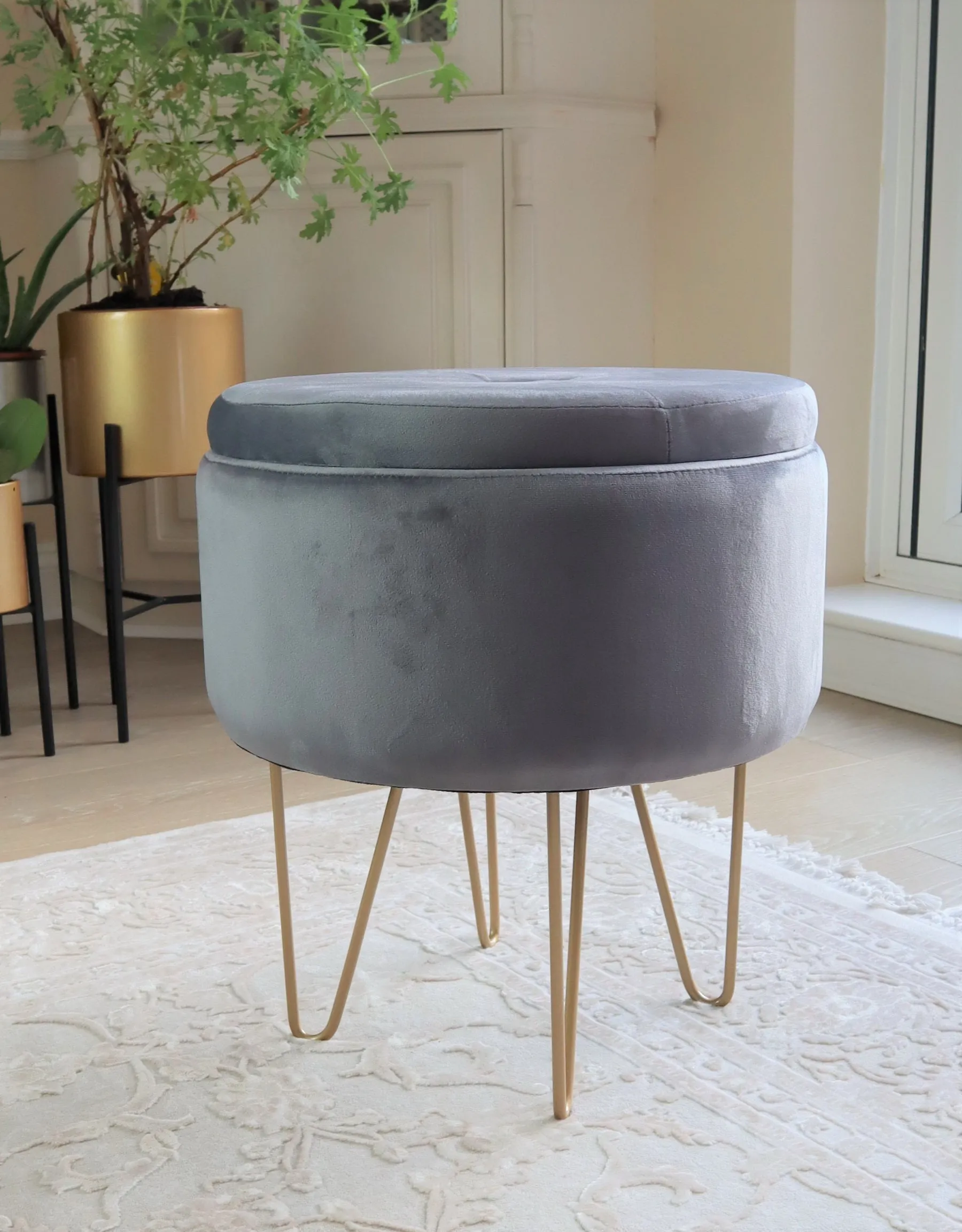 Elenore Grey and Gold Storage Stool with Hairpin Legs