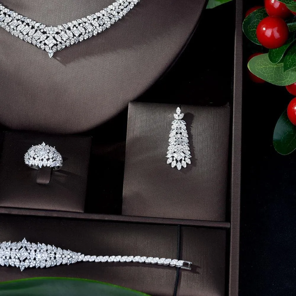 Exclusive Luxury Designer AAAA  Cubic Zirconia Diamonds Necklace Earring Bracelet Bridal Wedding Jewelry Set