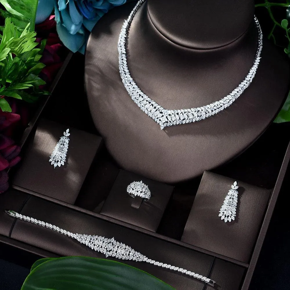 Exclusive Luxury Designer AAAA  Cubic Zirconia Diamonds Necklace Earring Bracelet Bridal Wedding Jewelry Set