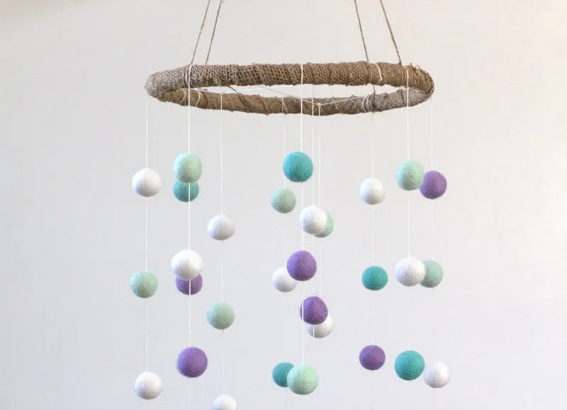 Felt Ball Nursery Mobile- Lavender, Turquoise- LARGE