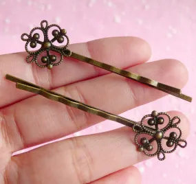 Filigree Hairclips / Filigree Hair Pin / Barrette Hair Clip Findings / Hairpins with 16mm Glue On Pad (10pcs / Bronze) Hair Accessories F015