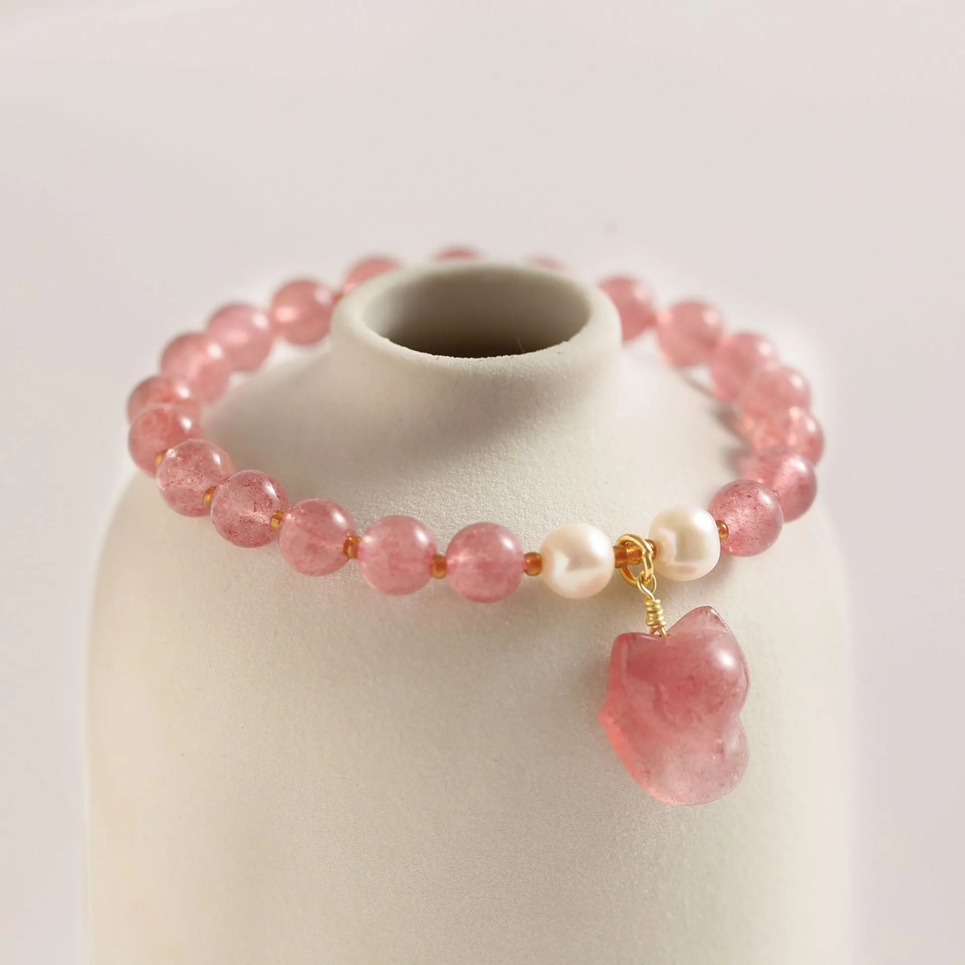 Fox Pendant Strawberry Crystal Bracelet with Pearl Boudoir Bracelet