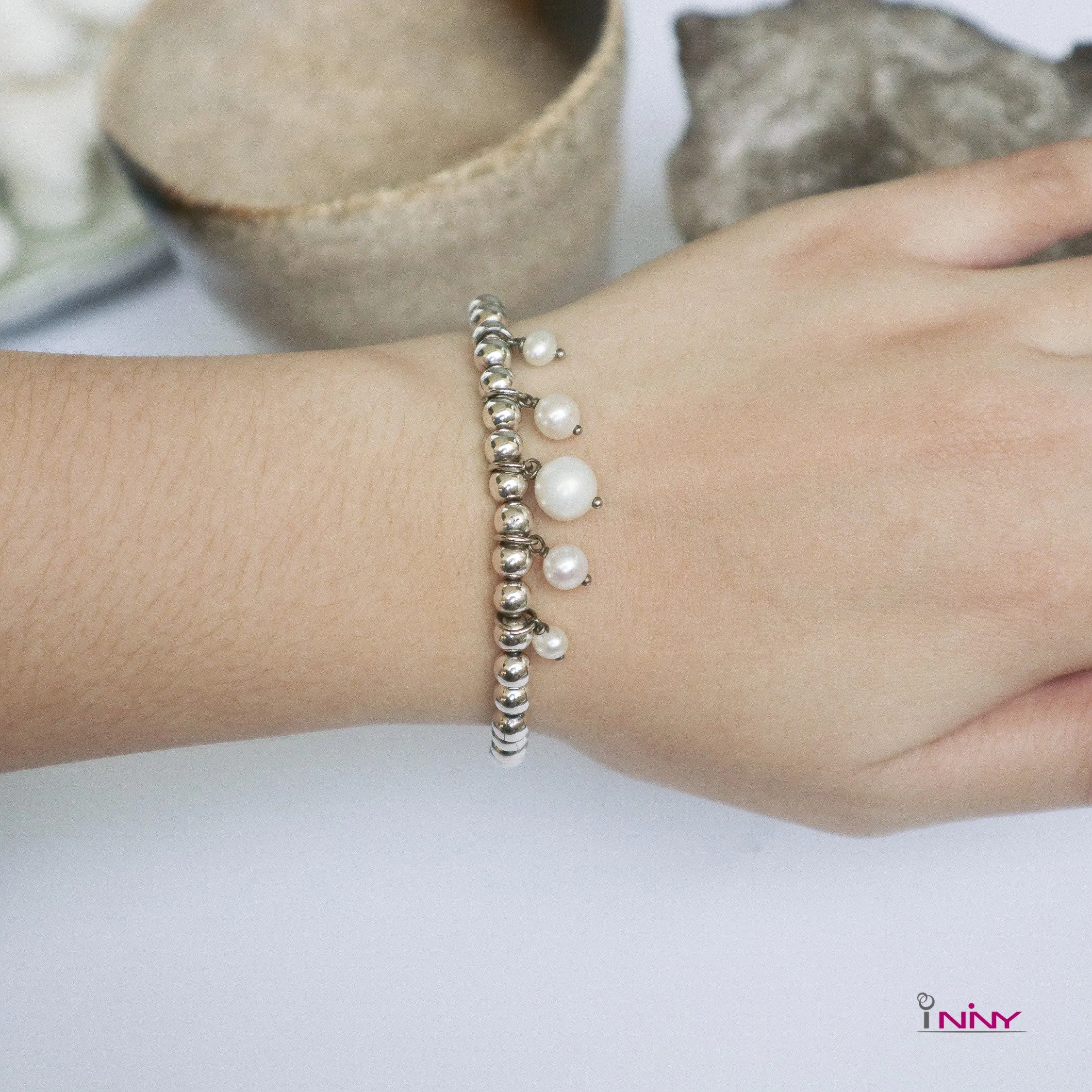 Fresh Water Pearl in Silver Beads Bracelet