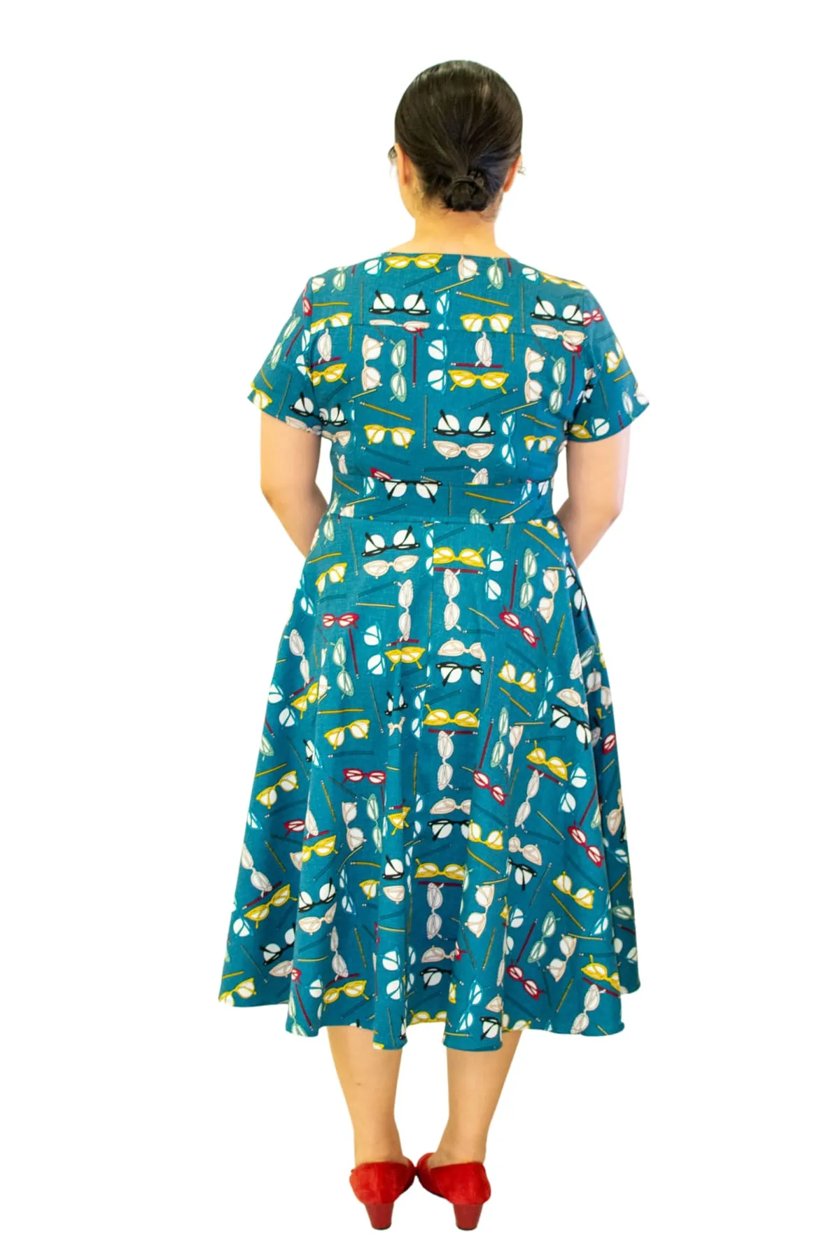 Fun Green with Glasses & Pencil V Neck Button Front A Line Short Sleeve Cotton Dress with Pockets