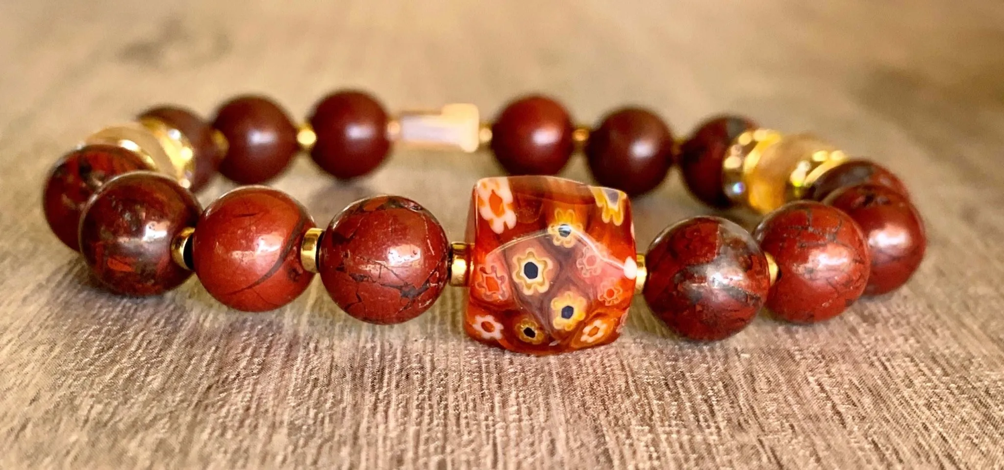 Gabriella Handmade Red Jasper, Citrine, Gold Plated Hematite, Millefiori and Austrian Crystal Expandable Bracelet