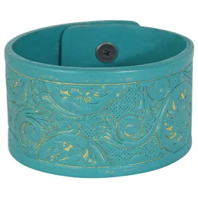 GENUINE TOOLED LEATHER TURQUOISE WIDE BRACELET