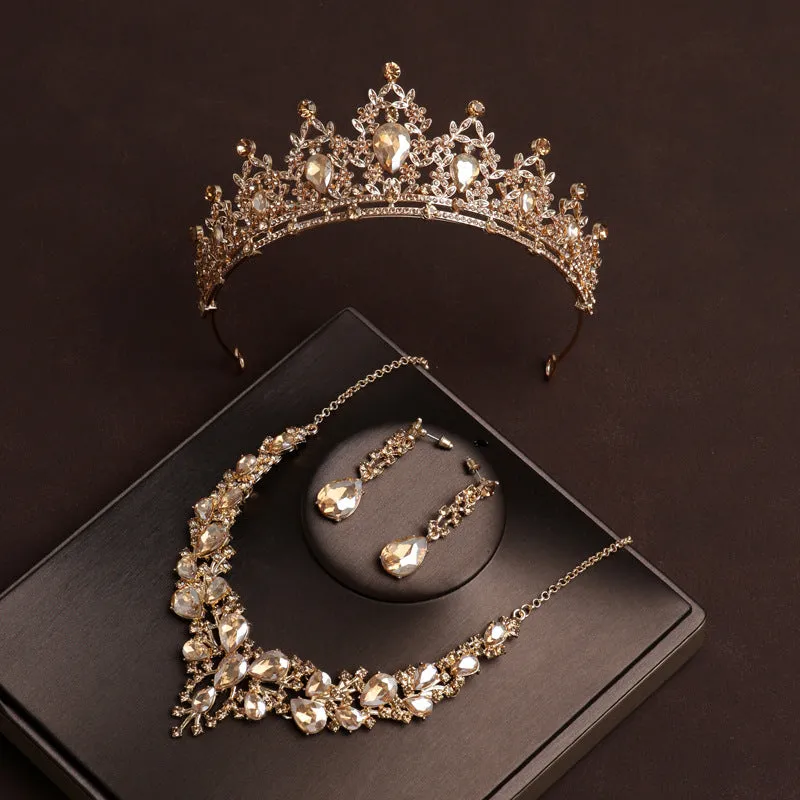 Gold crown bridal headwear main wedding necklace three-piece set grand luxury wedding high-end birthday crown