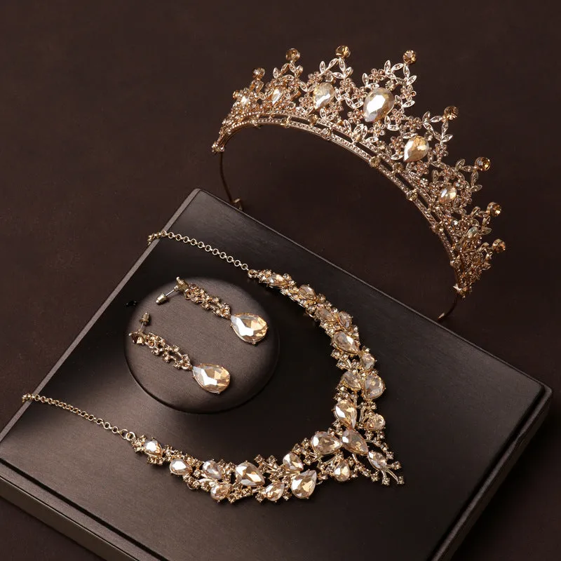 Gold crown bridal headwear main wedding necklace three-piece set grand luxury wedding high-end birthday crown