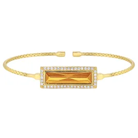 Gold Finish Sterling Silver Cable Cuff Bracelet with Rectangular Simulated Citrine Stone and Simulated Diamonds