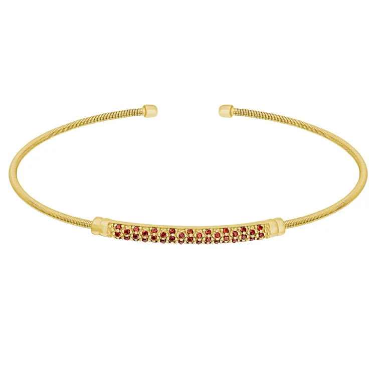 Gold Finish Sterling Silver Cable Cuff Bracelet with Three Rows of Simulated Garnet Birth Gems - January