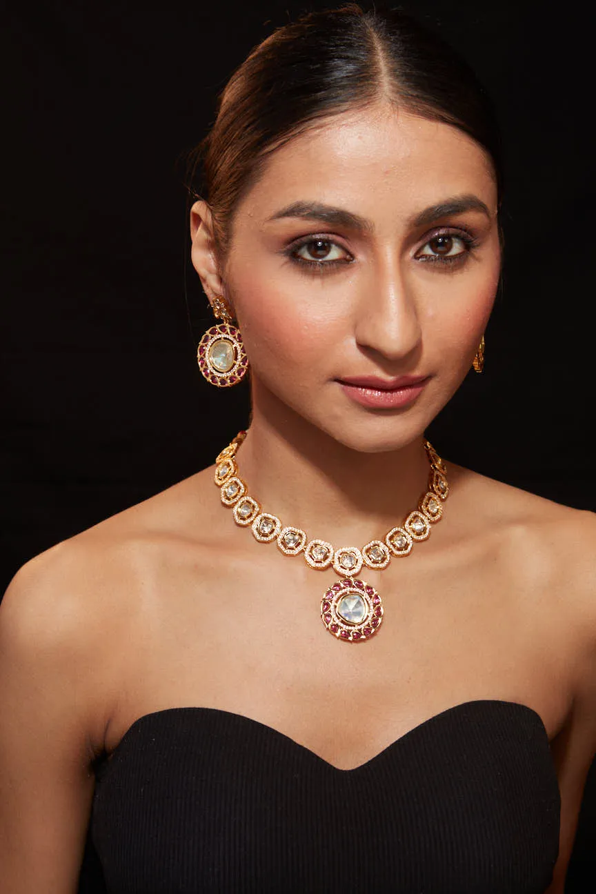 Gold Plated Kundan With Onyx Choker Necklace & Earrings Set