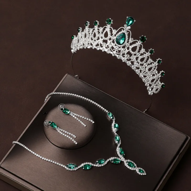 Green diamond bridal jewelry necklace earrings set wedding crown three-piece set wedding accessories