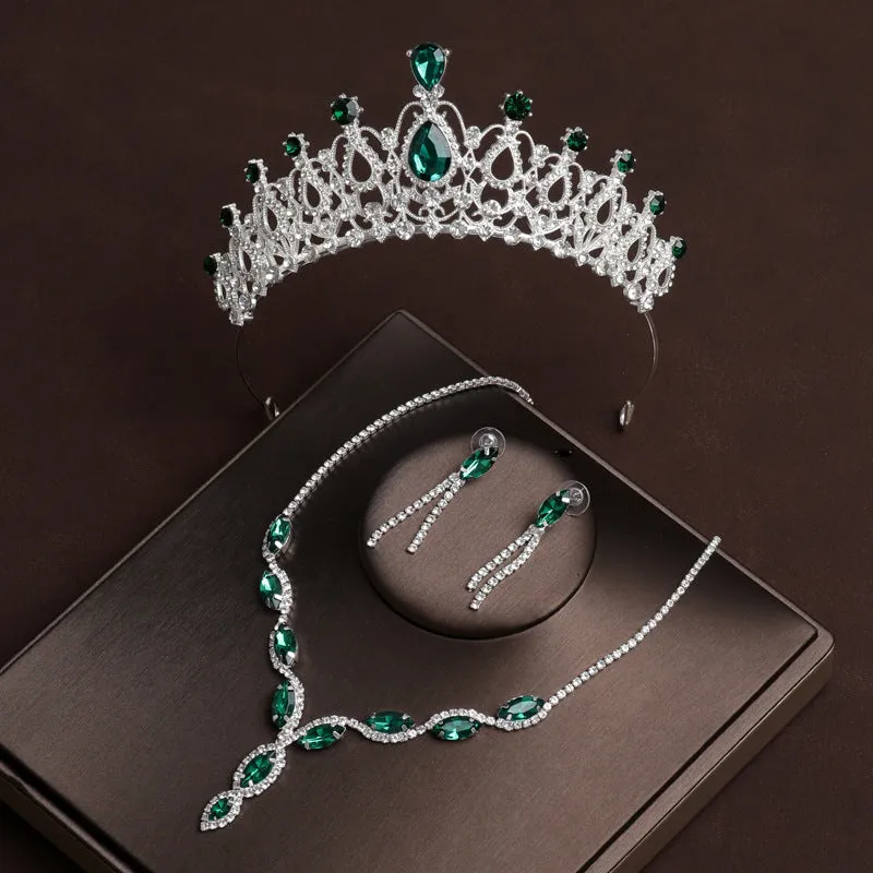 Green diamond bridal jewelry necklace earrings set wedding crown three-piece set wedding accessories