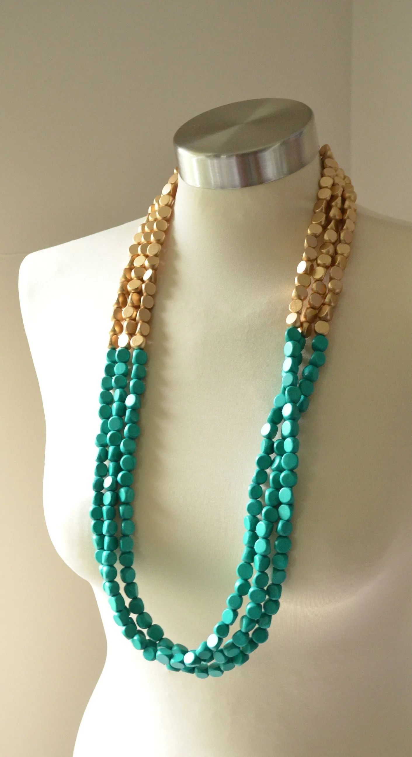 Green Gold Long Wood Beaded Multi Strand Statement Necklace - Jenna