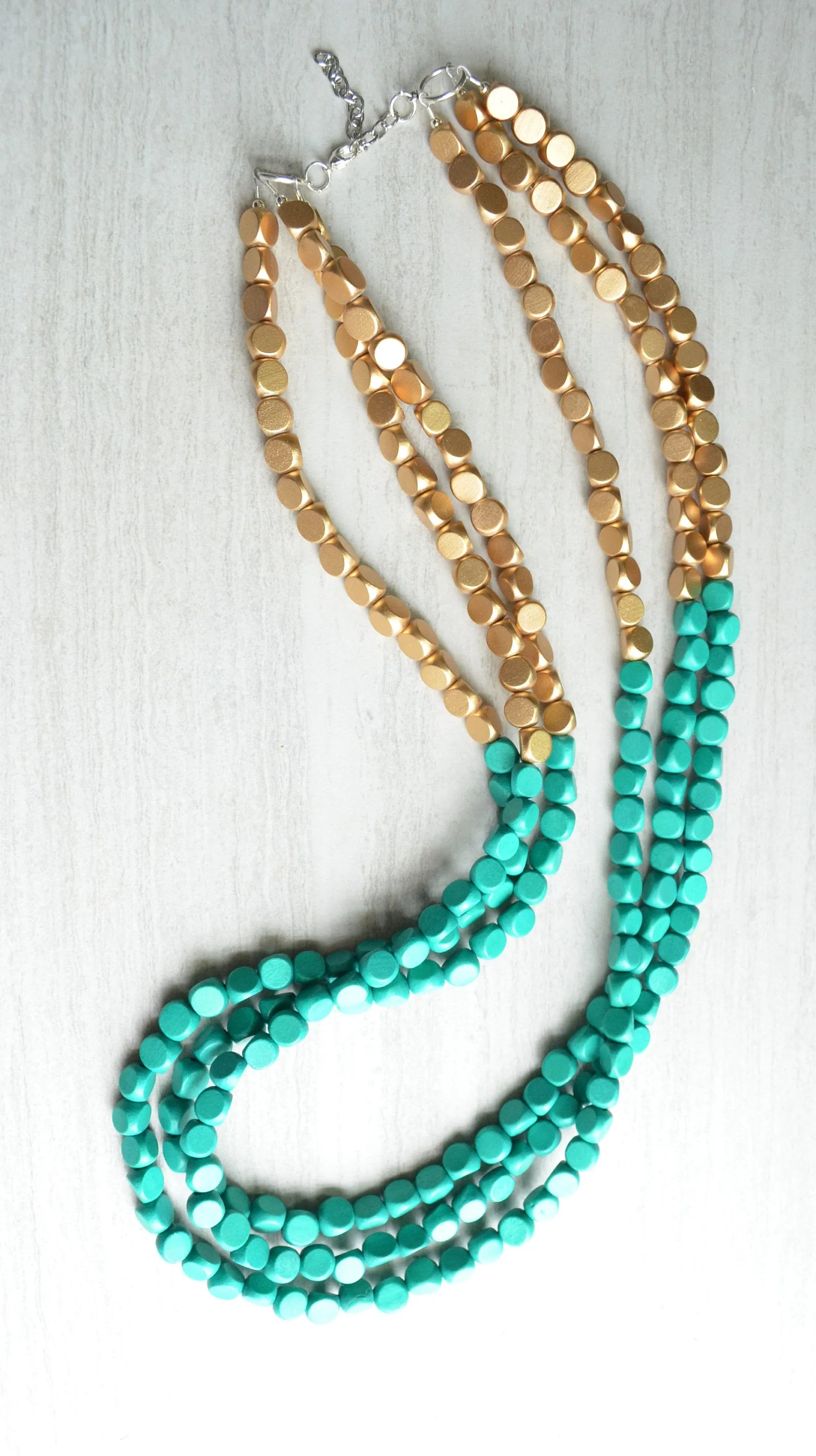 Green Gold Long Wood Beaded Multi Strand Statement Necklace - Jenna