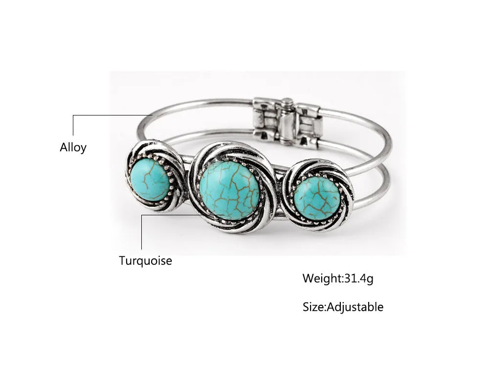 Gypsy Tibetan Silver Round Turquoise Bracelet Bangle Watch Band Vintage Retro Jewelry Gift For Women brazalete Accessory