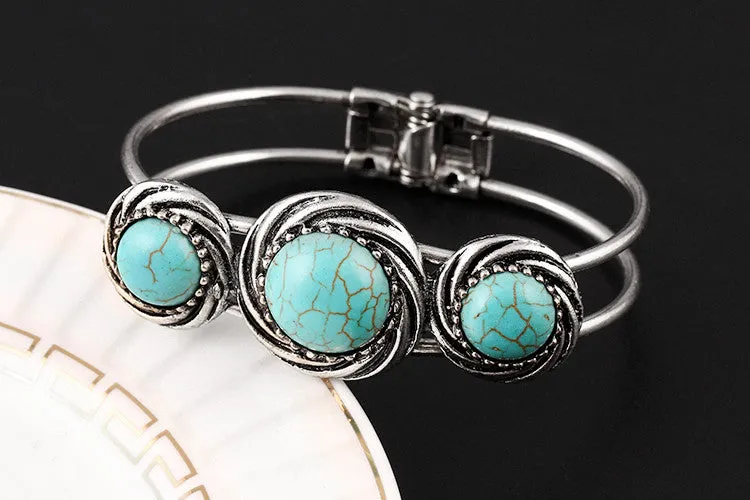 Gypsy Tibetan Silver Round Turquoise Bracelet Bangle Watch Band Vintage Retro Jewelry Gift For Women brazalete Accessory