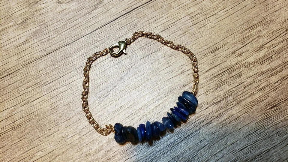 Hand Crafted All Natural Kyanite Gemstone & Gold Tone Chain Bracelet. Adjustable to 7.5" Bracelet with Lobster Claw Clasp