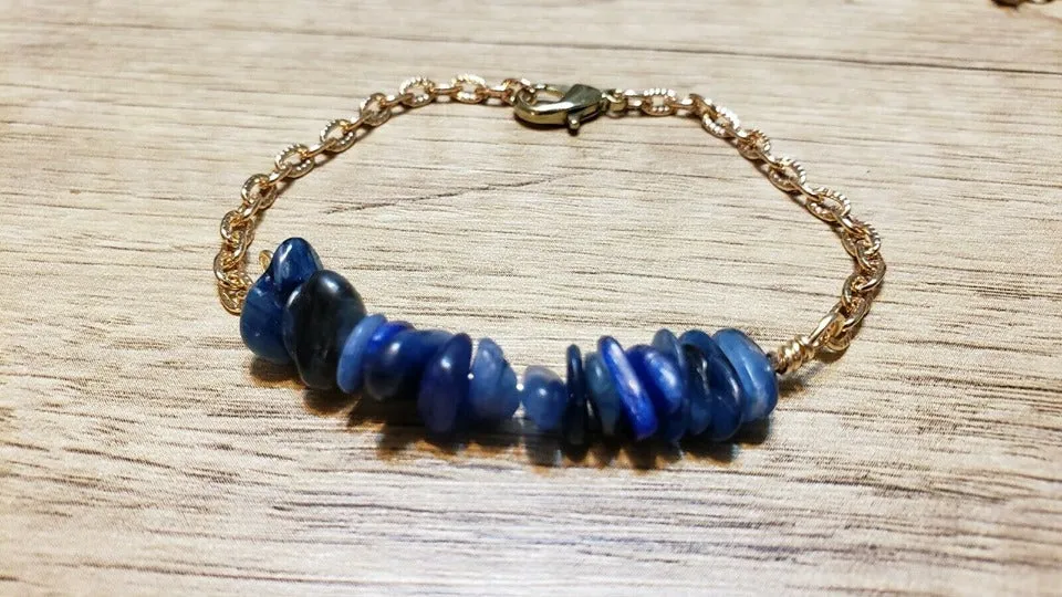 Hand Crafted All Natural Kyanite Gemstone & Gold Tone Chain Bracelet. Adjustable to 7.5" Bracelet with Lobster Claw Clasp