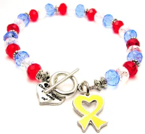 Hand Painted Heart Shaped Awareness Ribbon Yellow Crystal Beaded Toggle Style Bracelet