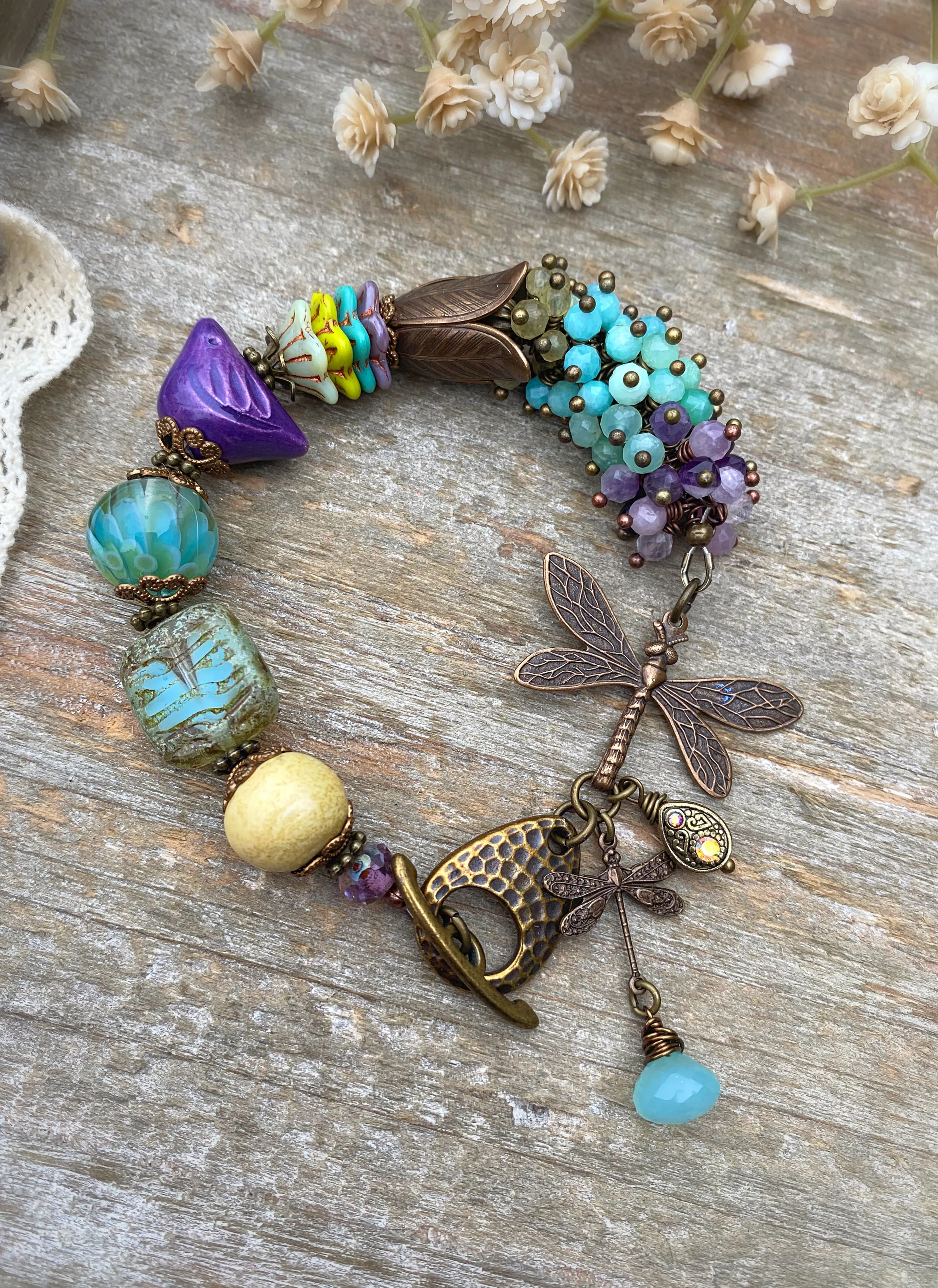 Handmade lampwork glass, purple ceramic bird, mixed stone, Czech glass, bronze metal, dragonfly charm, bracelet, jewelry