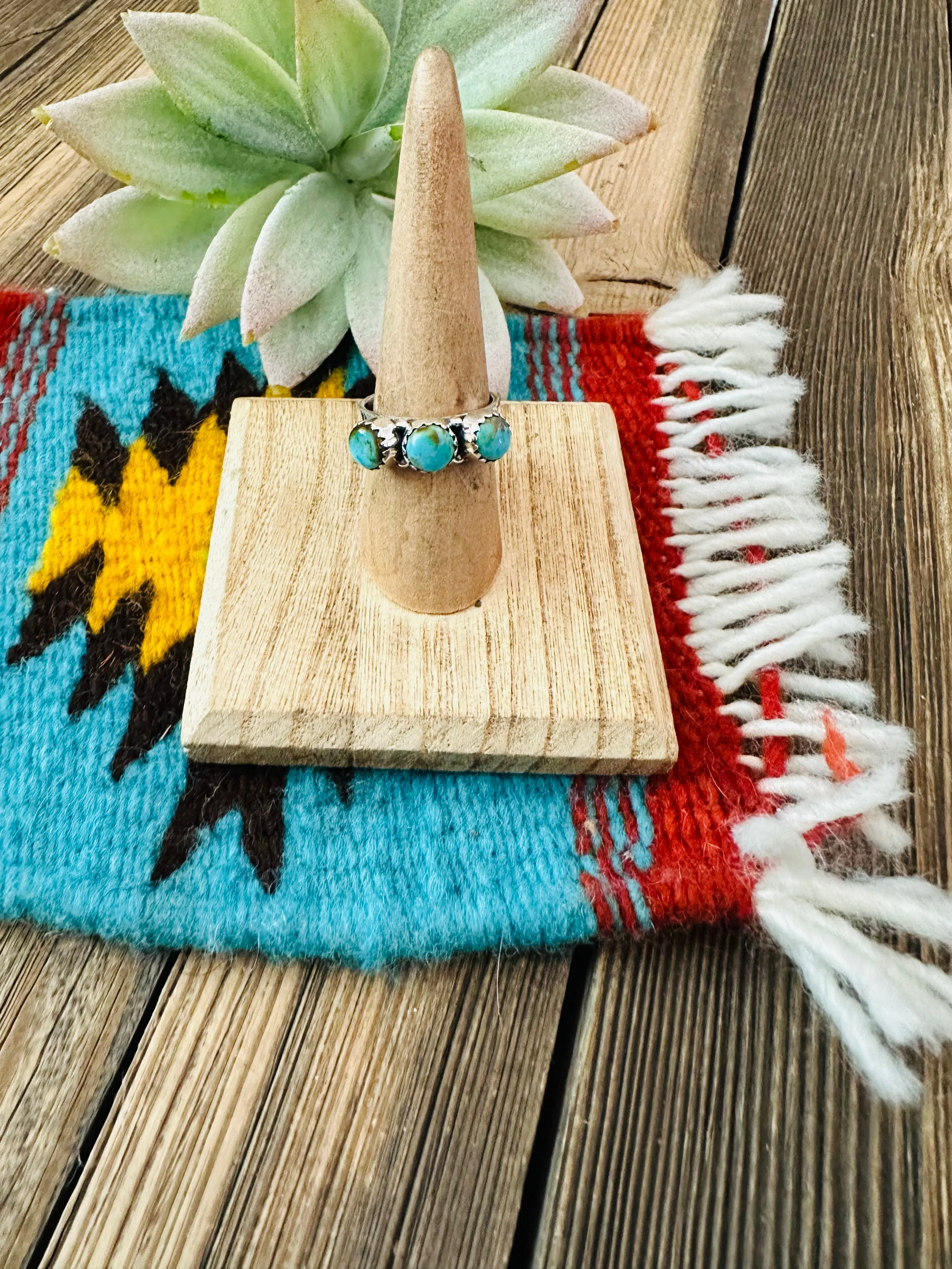 Handmade Sterling Silver & 3 Stone Turquoise Band Ring