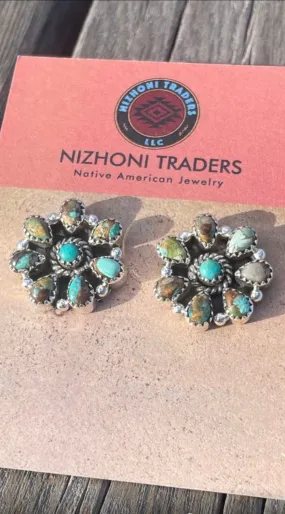 Handmade Turquoise Post Earrings Signed Nizhoni