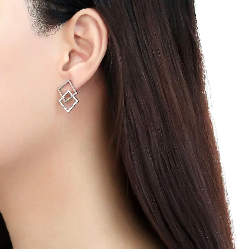 High polished (no plating) Stainless Steel Earrings with AAA Grade CZ in Clear for Women Clear Stone Color Style DA201