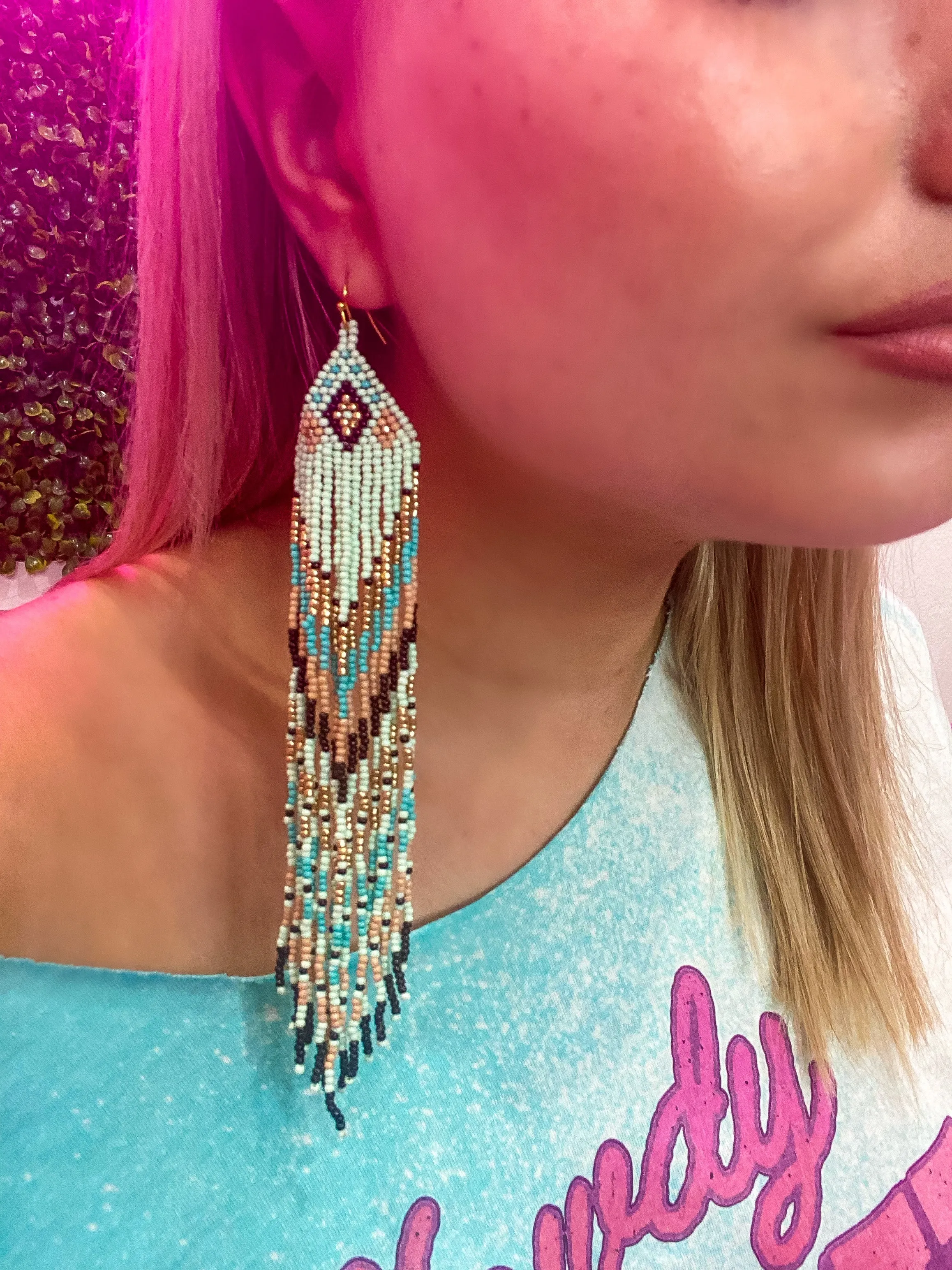 Indian Summer Tribal Print Beaded Tassel Earrings - Turquoise