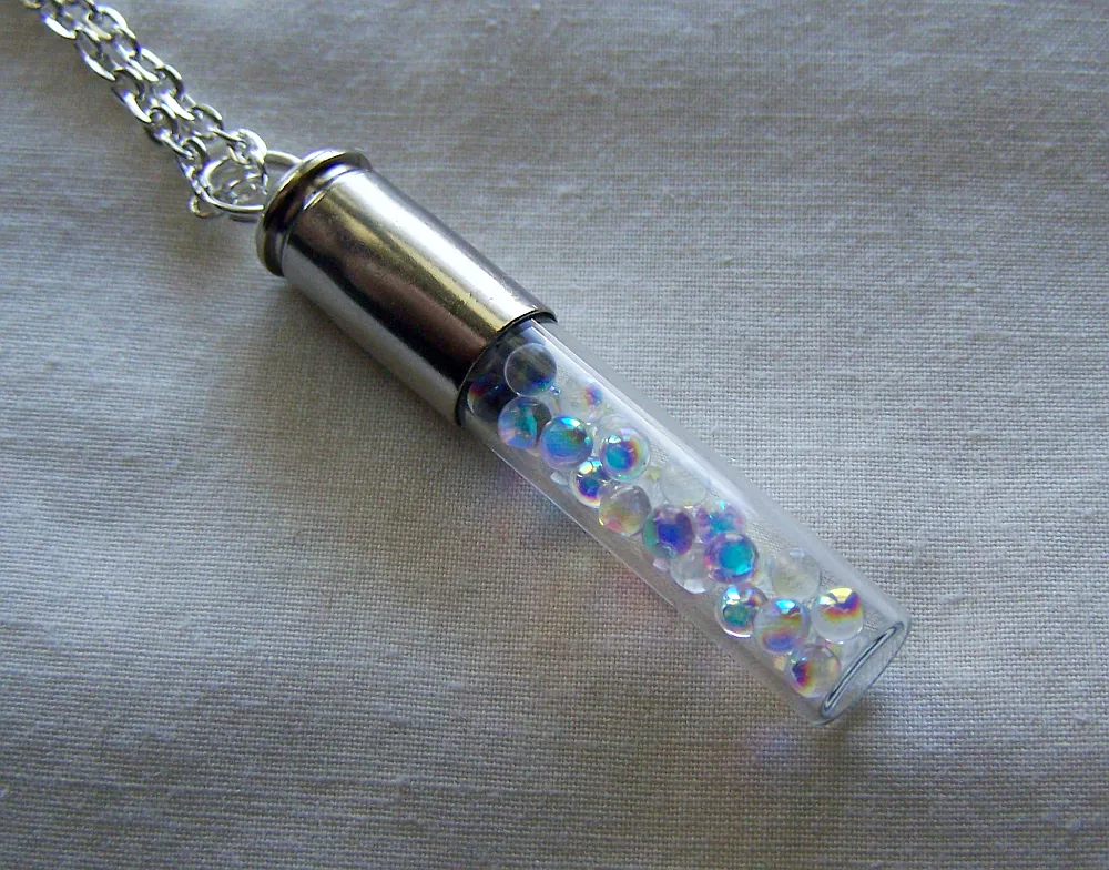 Iridescent Glass Spheres Silver Bullet Jewelry Pendant