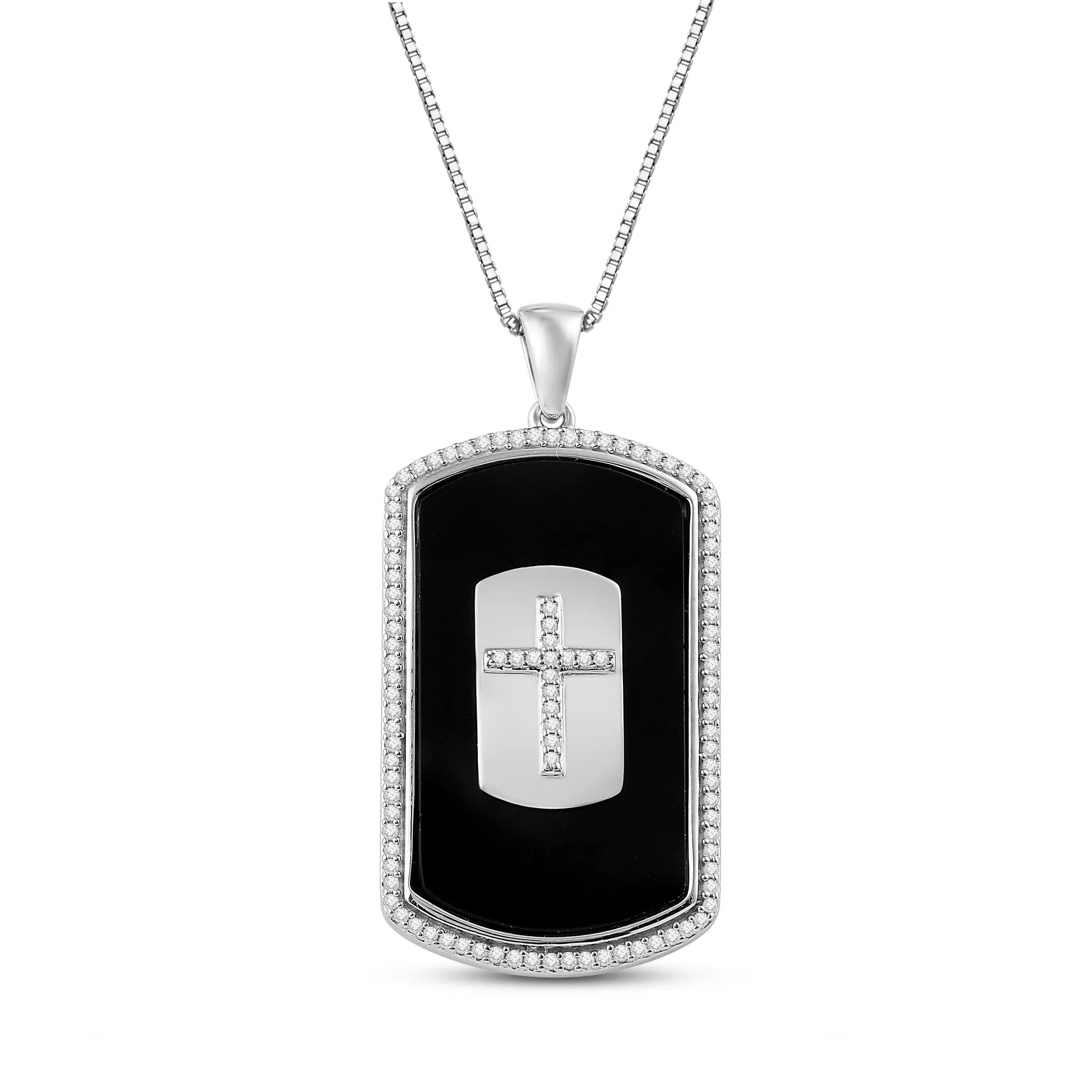 Jewelili Sterling Silver with Black Onyx and 1/3 CTTW Natural White Round Diamonds Men's Cross Dog Tag Pendant Necklace