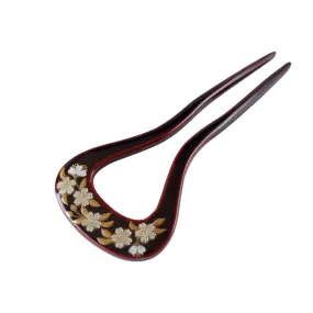 Kanzashi (Japanese Hairpin) decorated with Pure Gold Maki-e Urushi Lacquer and Raden (mother-of-pearl inlay) - Cherry Blossom / Deep Dark Brown Color - ,  Handmade in Kyoto, Japan,  Japanese traditional hair ornament