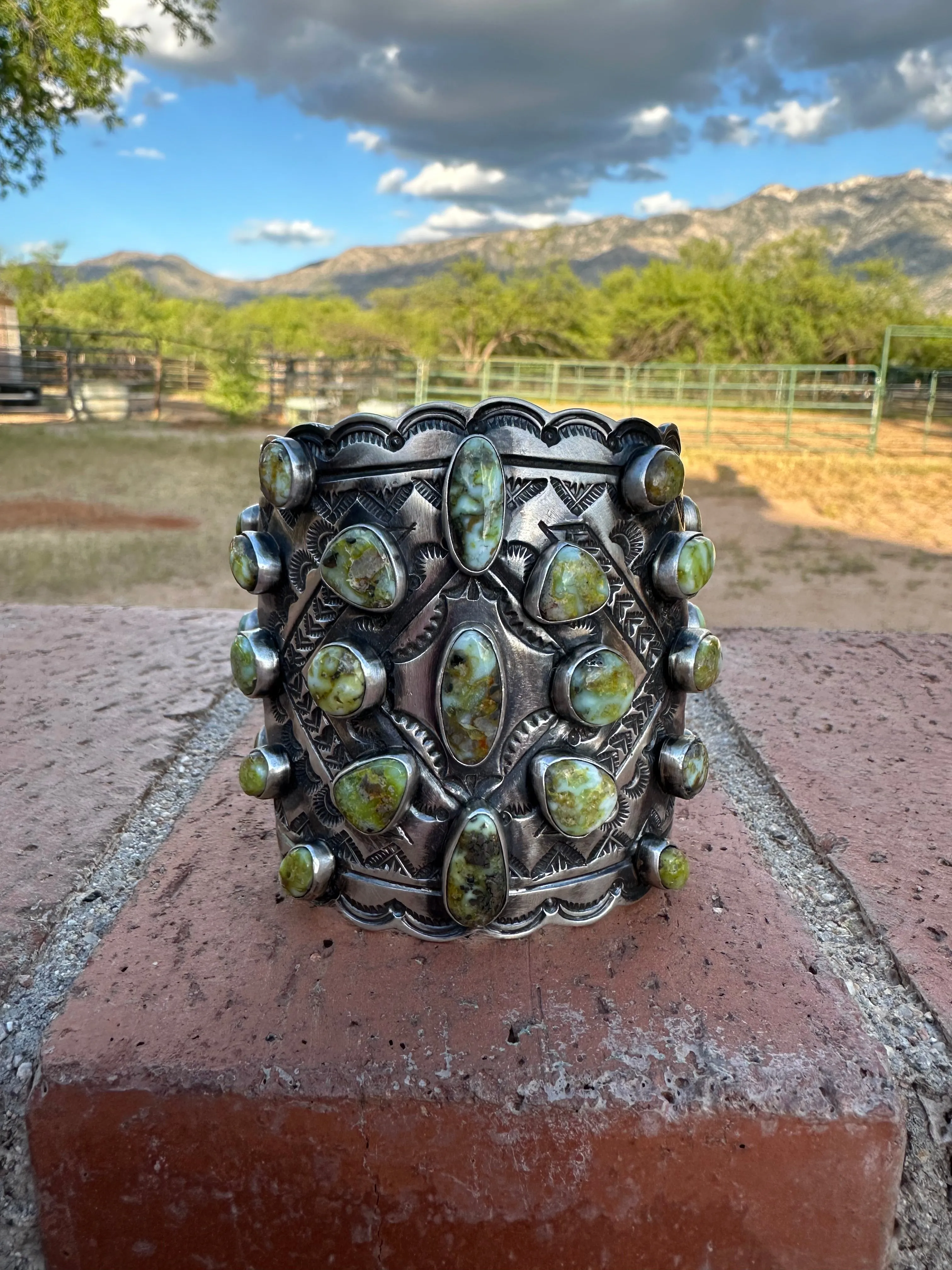 Larry James Navajo Palomino Turquoise & Sterling Silver Cluster Cuff Bracelet