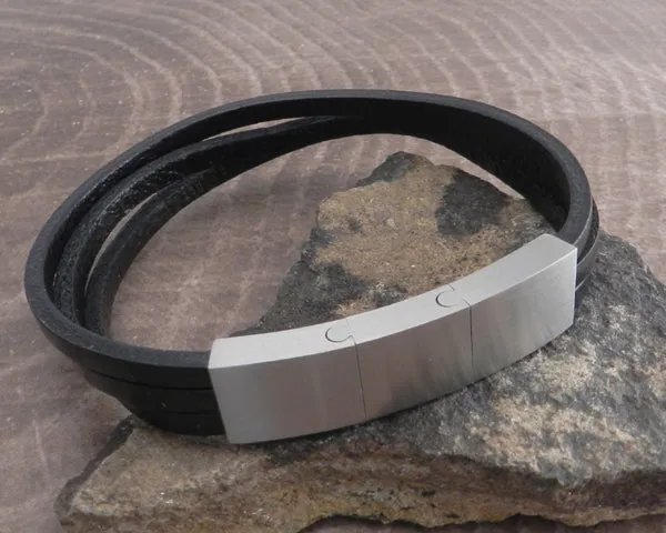 Leather 3 Row Stainless Box Adjustable Bracelet