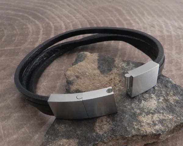 Leather 3 Row Stainless Box Adjustable Bracelet