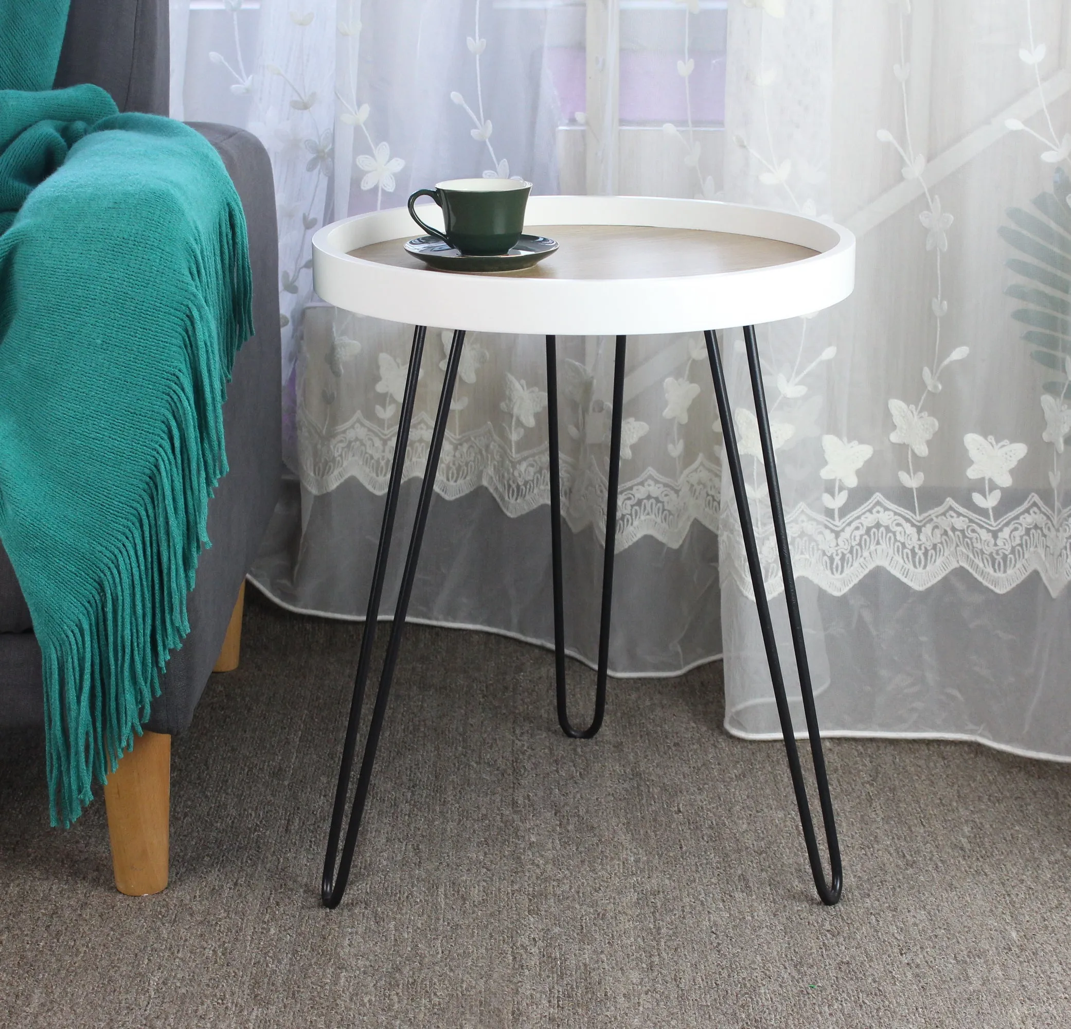 Maisie Side Table-Ash Veneer Top, Hairpin Legs