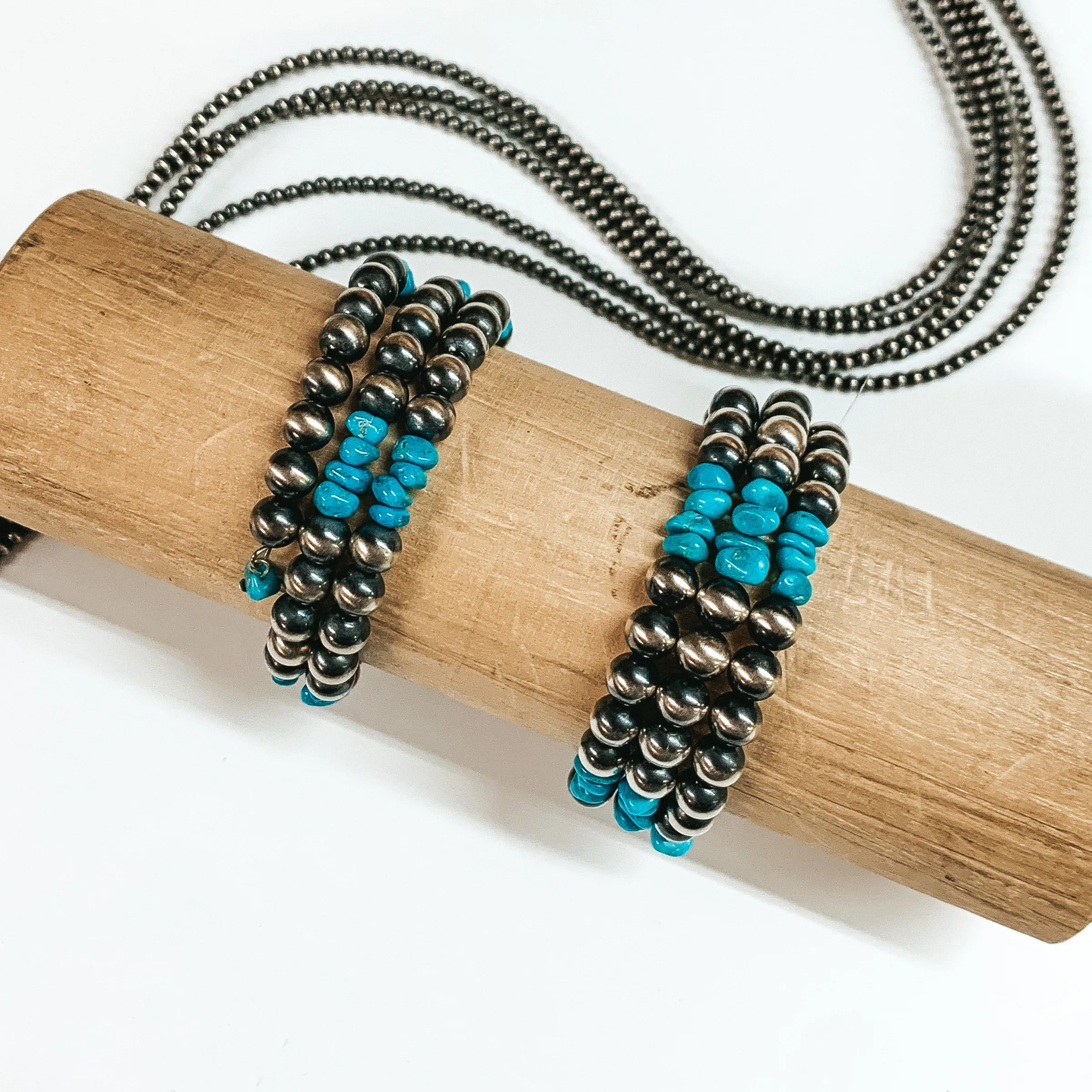 Mason Lee | Navajo Handmade 7mm Navajo Pearl and Kingman Turquoise Beaded Wrap Bracelet